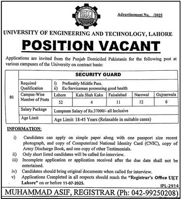 Security Guard Jobs in University of Engineering & Technology Lahore